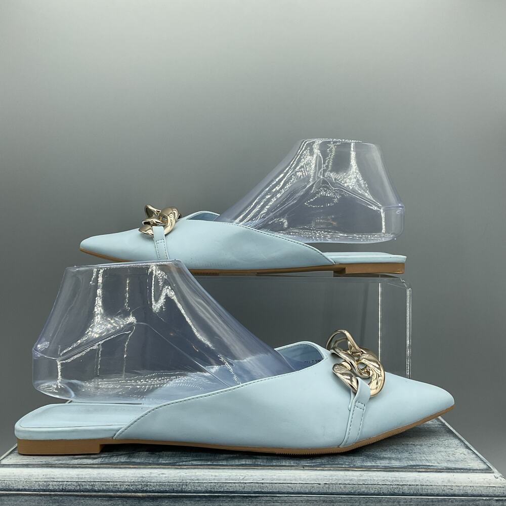 Classic Pointed Toe Slip-On Flats with Gold Chain Accent - Light Blue